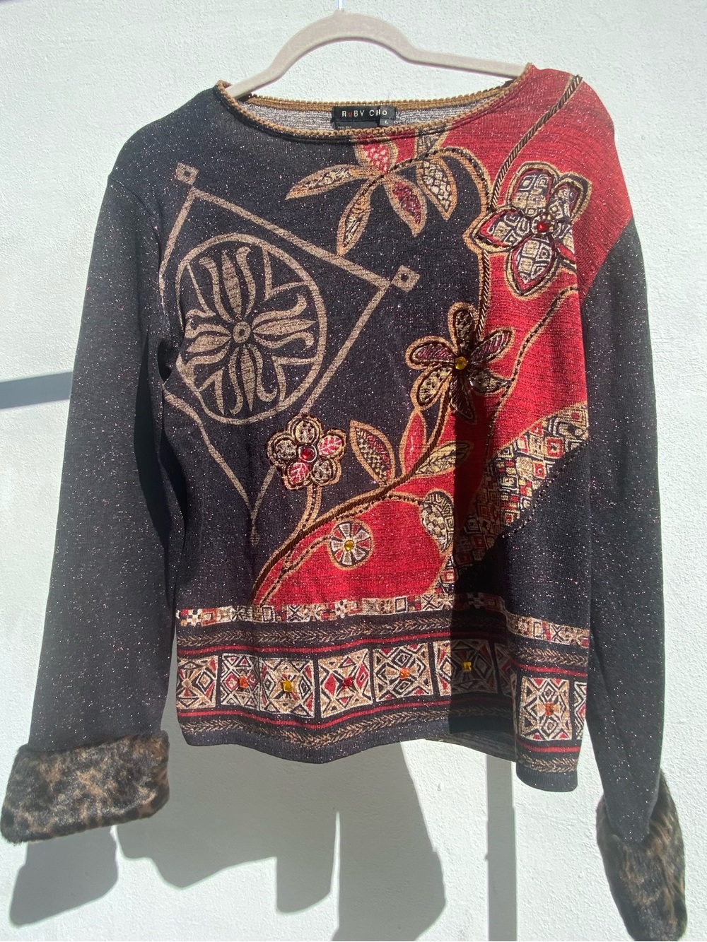 Vintage Black & Red Glitter Beaded Faux Fur Cuff Silk Blend Sweater Size Large